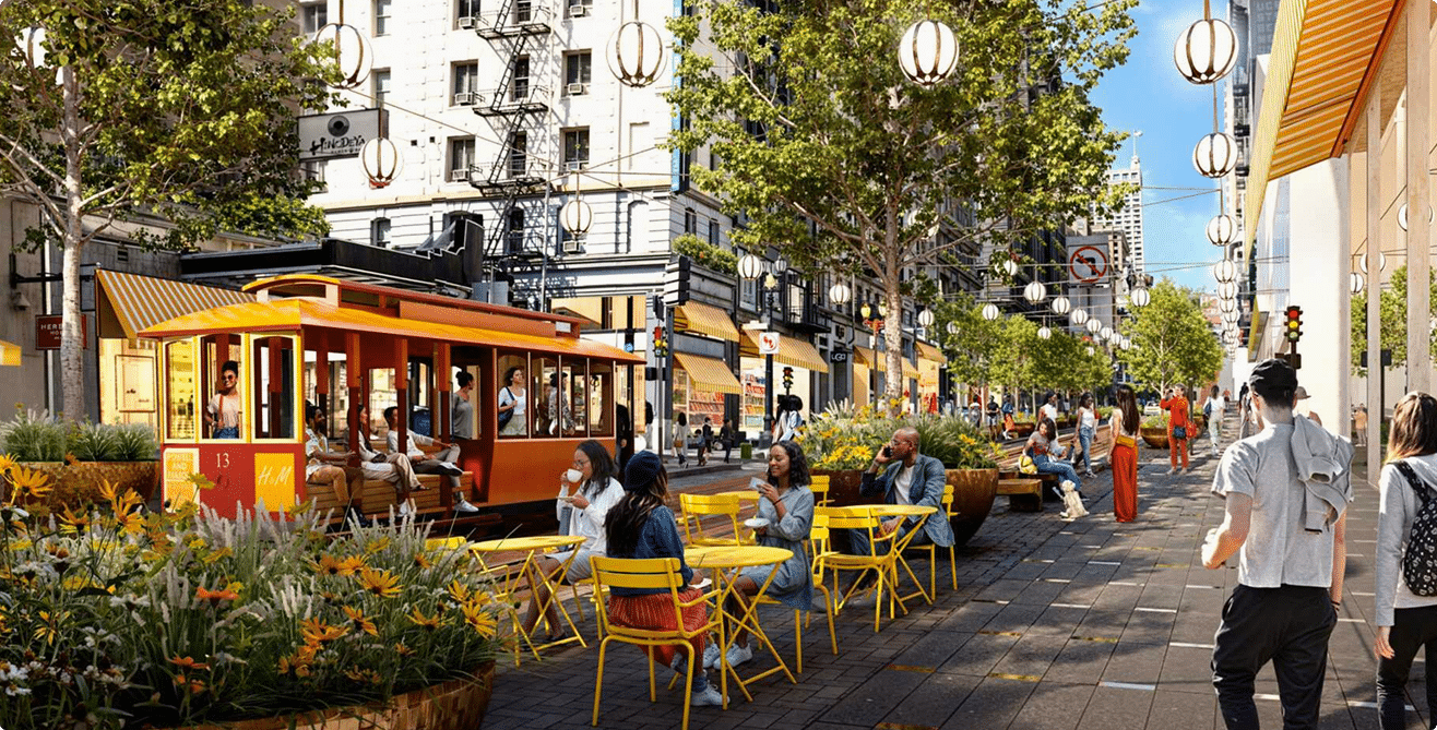People sitting and walking along Yerba Buena Lane with outdoor seating and a cable car in downtown San Francisco
