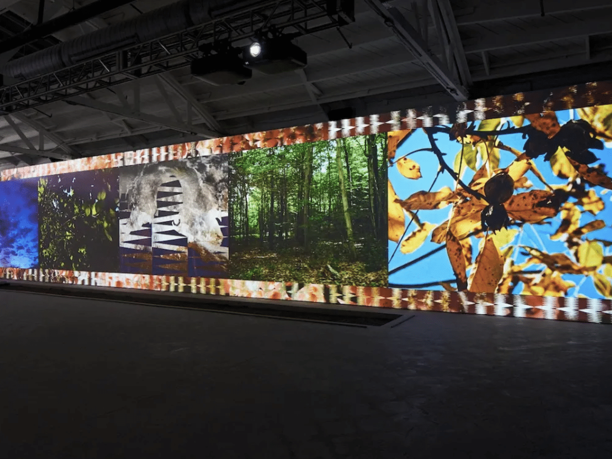 Large digital art installation displayed along a wall in an indoor exhibition space