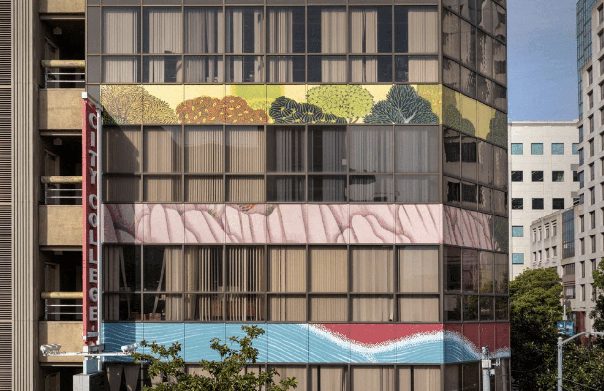 Building facade in downtown San Francisco featuring colorful art wrapping across multiple floors